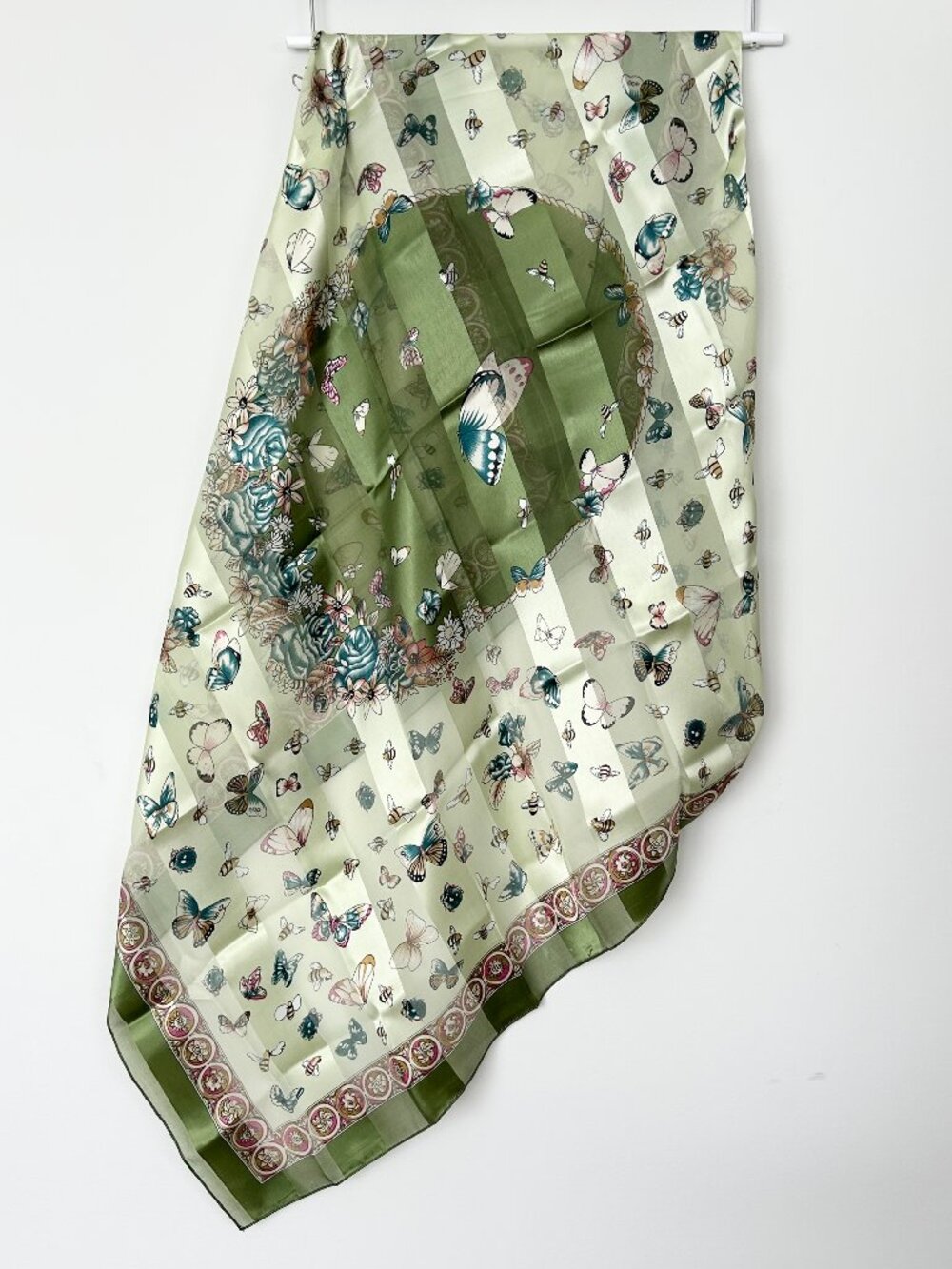 Vintage Satin Butterfly Floral Scarf Large 37 x 39” Green Striped Medallion Wrap
